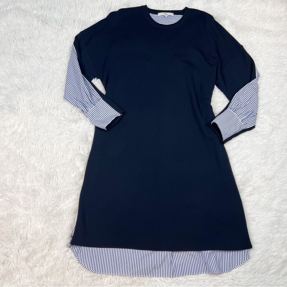 Tibi women long sleeve‎ mixed media striped sweater dress belted blue crew neck